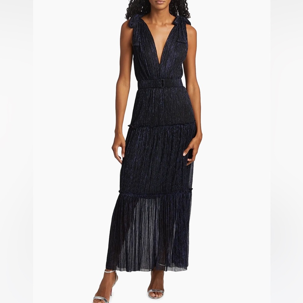 Sabina Musayev Helena Metallic Navy Tiered Maxi Dress